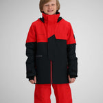 Obermeyer Juniors Axel Insulated Jacket 2024 - A red and black insulated jacket with a high collar, zippered pockets, and a snow skirt.