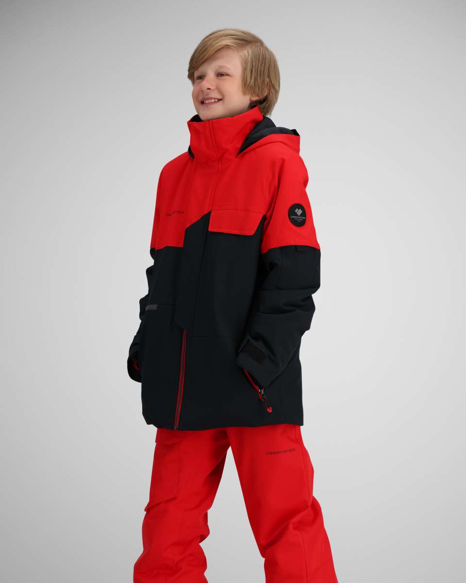 Obermeyer Juniors Axel Insulated Jacket 2024 - A red and black jacket with a hood, featuring a zippered front and two side pockets.