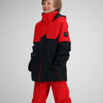 Obermeyer Juniors Axel Insulated Jacket 2024 - A red and black jacket with a hood, featuring a zippered front and two side pockets.