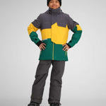 Obermeyer Juniors Axel Insulated Jacket 2024 - A dark green and yellow jacket with a gray chest pocket, worn by a model posing with hands on hips.