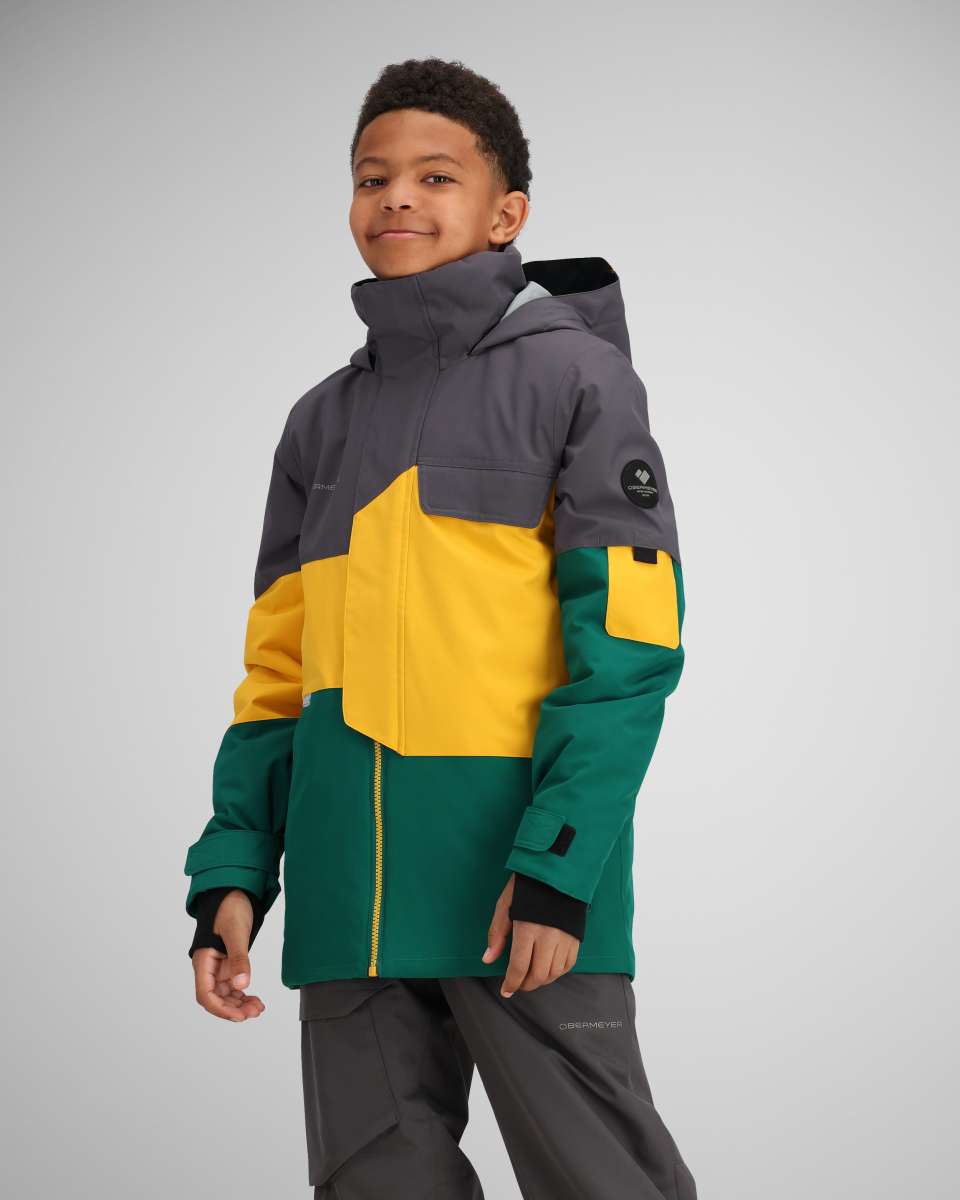 Obermeyer Juniors Axel Insulated Jacket 2024 - A dark green and yellow jacket with a gray hood, featuring a zippered front and two chest pockets.