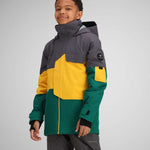 Obermeyer Juniors Axel Insulated Jacket 2024 - A dark green and yellow jacket with a gray hood, featuring a zippered front and two chest pockets.