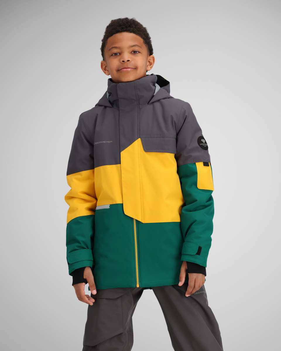 Obermeyer Juniors Axel Insulated Jacket 2024 - A dark green jacket with a yellow zipper and two zippered pockets on the front.