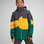 Obermeyer Juniors Axel Insulated Jacket 2024 - A dark green jacket with a yellow zipper and two zippered pockets on the front.
