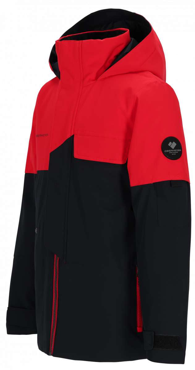 Obermeyer Juniors Axel Insulated Jacket 2024 - A red and black jacket with a hood, featuring a zipper closure on the front.