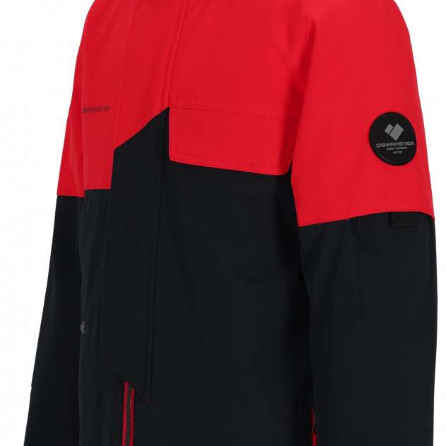 Obermeyer Juniors Axel Insulated Jacket 2024 - A red and black jacket with a hood, featuring a zipper closure on the front.