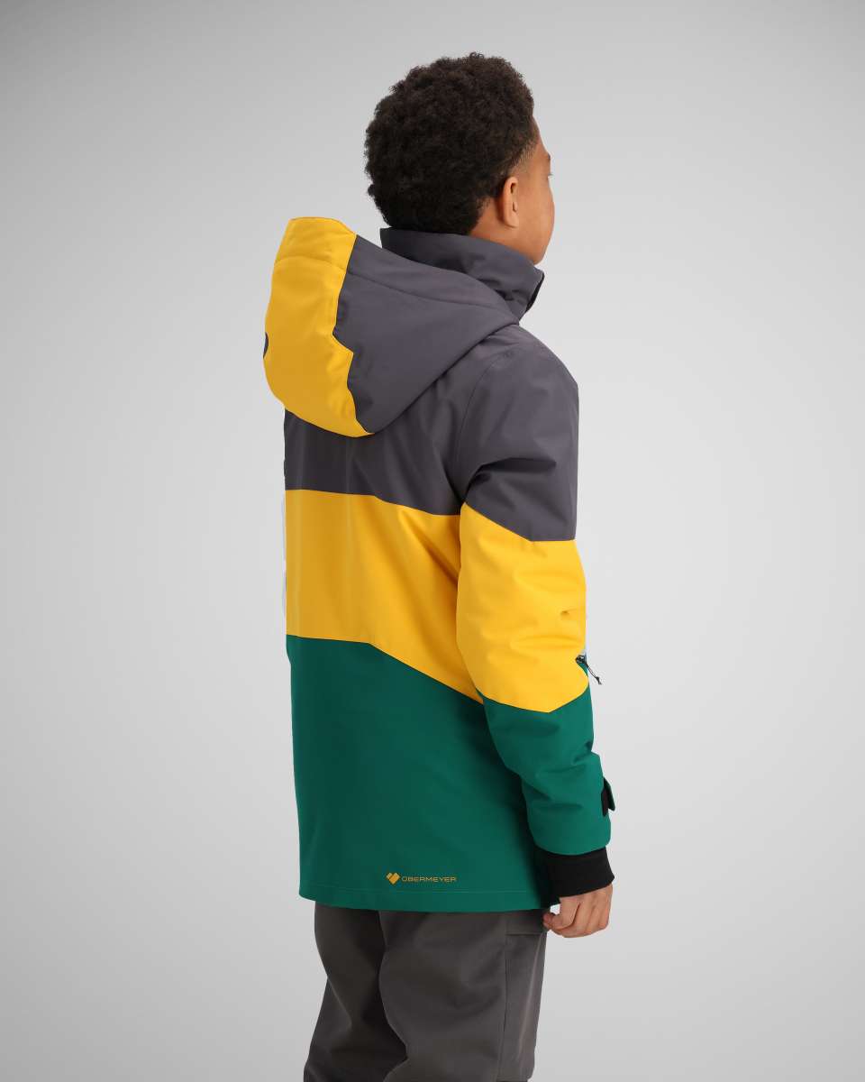 Obermeyer Juniors Axel Insulated Jacket 2024 - A dark green jacket with a yellow stripe across the chest and gray sleeves.