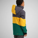 Obermeyer Juniors Axel Insulated Jacket 2024 - A dark green jacket with a yellow stripe across the chest and gray sleeves.