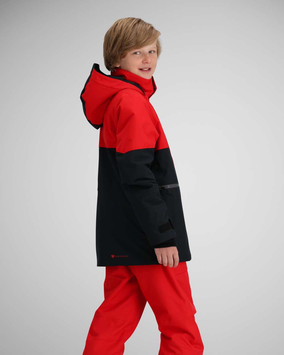Obermeyer Juniors Axel Insulated Jacket 2024 - A red and black insulated jacket with a hood, featuring a zipper closure on the front.