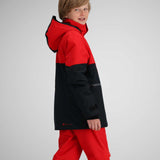 Obermeyer Juniors Axel Insulated Jacket 2024 - A red and black insulated jacket with a hood, featuring a zipper closure on the front.