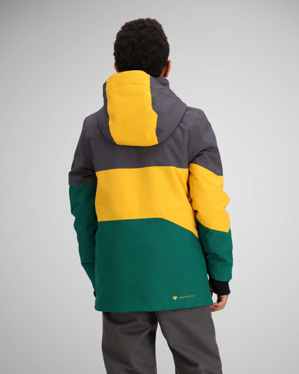 Obermeyer Juniors Axel Insulated Jacket 2024 - A dark green and yellow jacket with a hood, featuring a zippered front and two pockets on either side.
