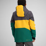 Obermeyer Juniors Axel Insulated Jacket 2024 - A dark green and yellow jacket with a hood, featuring a zippered front and two pockets on either side.
