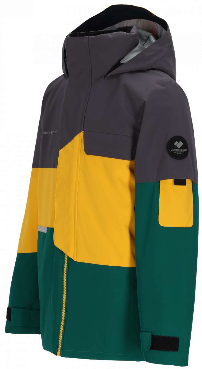Obermeyer Juniors Axel Insulated Jacket 2024 - A dark green and yellow jacket with a hood, featuring a zipper down the front.