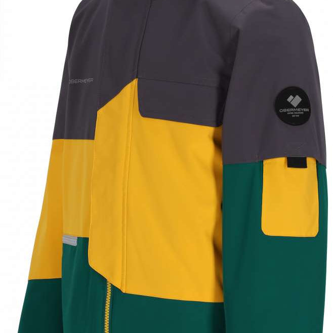 Obermeyer Juniors Axel Insulated Jacket 2024 - A dark green and yellow jacket with a hood, featuring a zipper down the front.