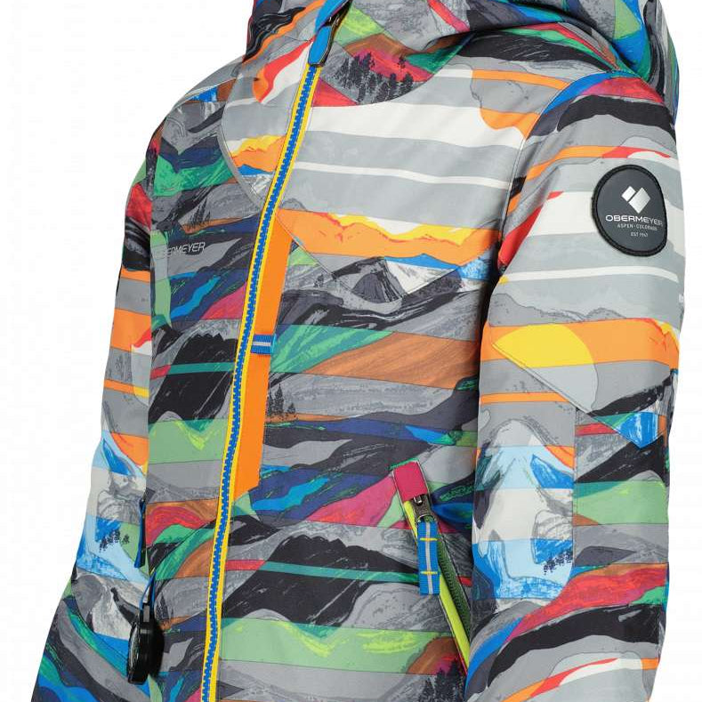 Obermeyer Juniors Orb Insulated Jacket 2023 - A multicolored jacket with a pattern of gray, blue, green, and orange stripes.