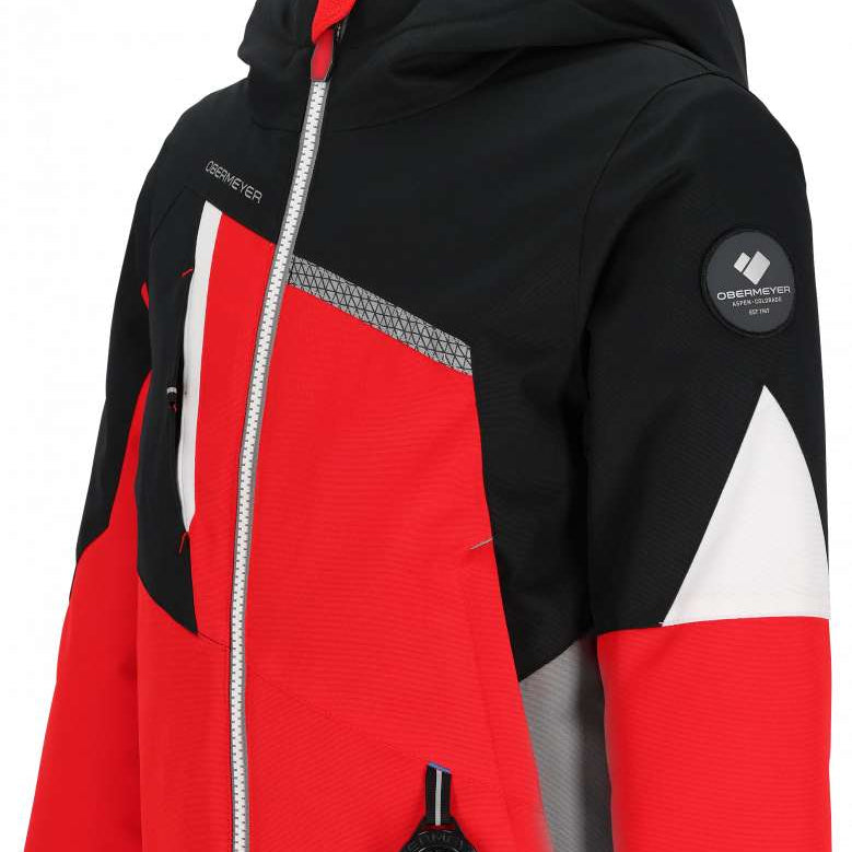 Obermeyer Juniors Orb Insulated Jacket 2024 - A black, red, and white jacket with a zipper down the front.
