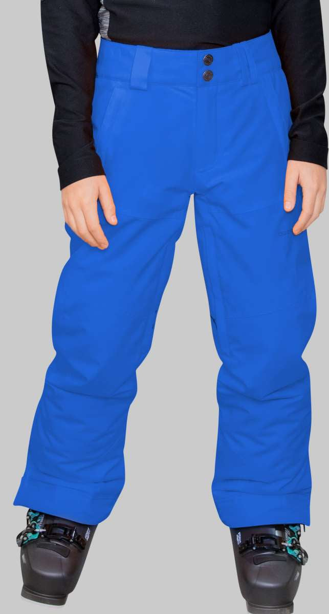 Obermeyer Juniors Parker Insulated Pant 2023 - A pair of royal blue snow pants with a slight sheen to them, featuring two black buttons on the front waistband.
