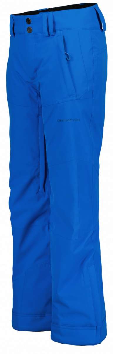 Obermeyer Juniors Parker Insulated Pant 2023 - A pair of royal blue snow pants with two black buttons on the waistband, featuring a zippered pocket and a small logo on the left thigh.