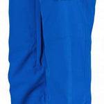 Obermeyer Juniors Parker Insulated Pant 2023 - A pair of royal blue snow pants with two black buttons on the waistband, featuring a zippered pocket and a small logo on the left thigh.