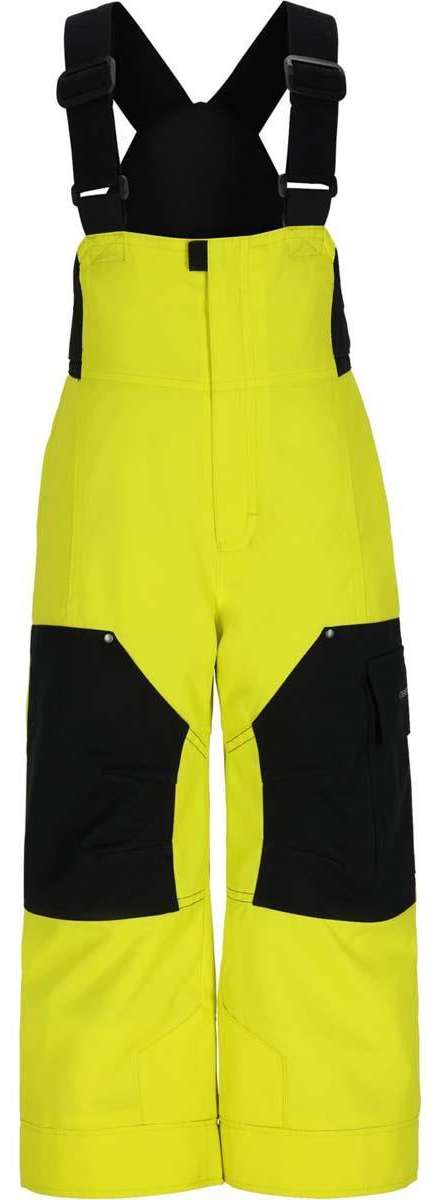 Obermeyer Juniors Volt Insulated Pant 2024 - Bright yellow insulated ski pants with black accents on pockets and straps.