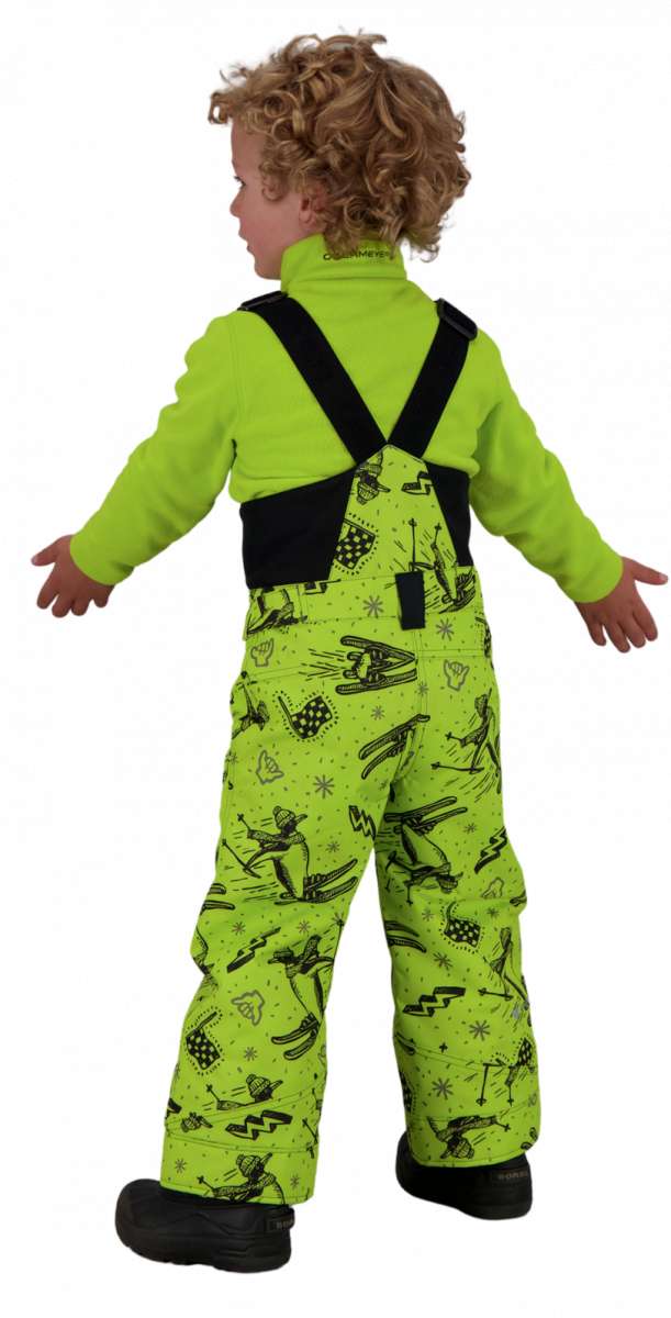 Obermeyer Juniors Warp Insulated Bib Pants 2022 - A pair of lime green snow pants with a ski-themed pattern, featuring skiers and snowboards in black.