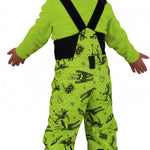 Obermeyer Juniors Warp Insulated Bib Pants 2022 - A pair of lime green snow pants with a ski-themed pattern, featuring skiers and snowboards in black.