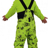 Obermeyer Juniors Warp Insulated Bib Pants 2022 - A pair of lime green snow pants with a ski-themed pattern, featuring skiers and snowboards in black.