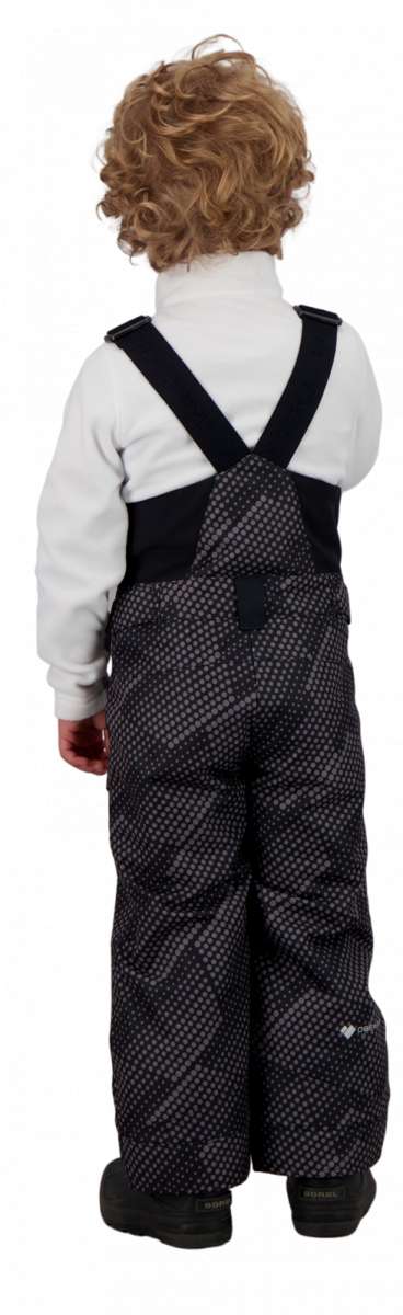 Obermeyer Juniors Warp Insulated Bib Pants 2022 - Black bib pants with a subtle white geometric pattern and black straps.