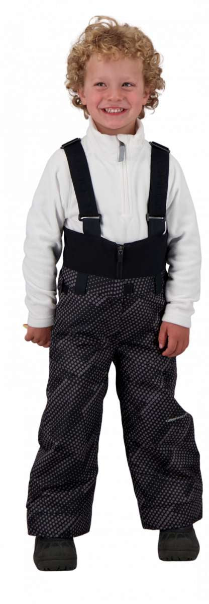 Obermeyer Juniors Warp Insulated Bib Pants 2022 - Black bib pants with white dots and a black strap on the right side of the waistband.