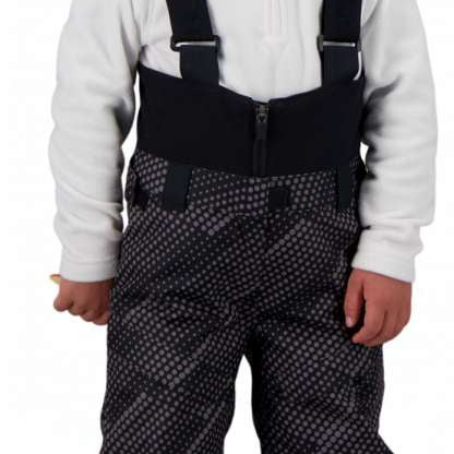 Obermeyer Juniors Warp Insulated Bib Pants 2022 - Black bib pants with white dots and a black strap on the right side of the waistband.