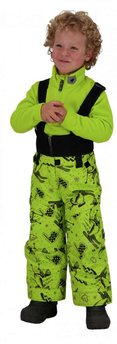 Obermeyer Juniors Warp Insulated Bib Pants 2022 - A pair of lime green snow pants with a black pattern of ski and snowboard motifs, featuring a zippered fly and adjustable straps.