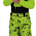 Obermeyer Juniors Warp Insulated Bib Pants 2022 - A pair of lime green snow pants with a black pattern of ski and snowboard motifs, featuring a zippered fly and adjustable straps.