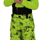 Obermeyer Juniors Warp Insulated Bib Pants 2022 - A pair of lime green snow pants with a black pattern of ski and snowboard motifs, featuring a zippered fly and adjustable straps.