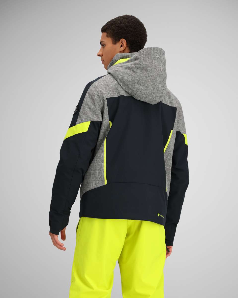 Obermeyer Fall Line Insulated Jacket 2024 - A black and grey jacket with a hood, featuring neon yellow accents on the shoulders and chest.