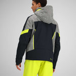 Obermeyer Fall Line Insulated Jacket 2024 - A black and grey jacket with a hood, featuring neon yellow accents on the shoulders and chest.