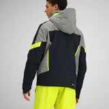 Obermeyer Fall Line Insulated Jacket 2024 - A black and grey jacket with a hood, featuring neon yellow accents on the shoulders and chest.