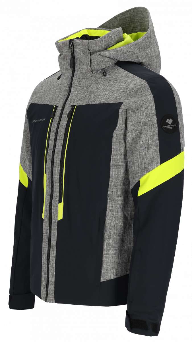 Obermeyer Fall Line Insulated Jacket 2024 - A grey and black insulated jacket with a hood, featuring neon yellow accents on the chest and sleeves.