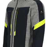 Obermeyer Fall Line Insulated Jacket 2024 - A grey and black insulated jacket with a hood, featuring neon yellow accents on the chest and sleeves.