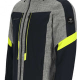Obermeyer Fall Line Insulated Jacket 2024 - A grey and black insulated jacket with a hood, featuring neon yellow accents on the chest and sleeves.