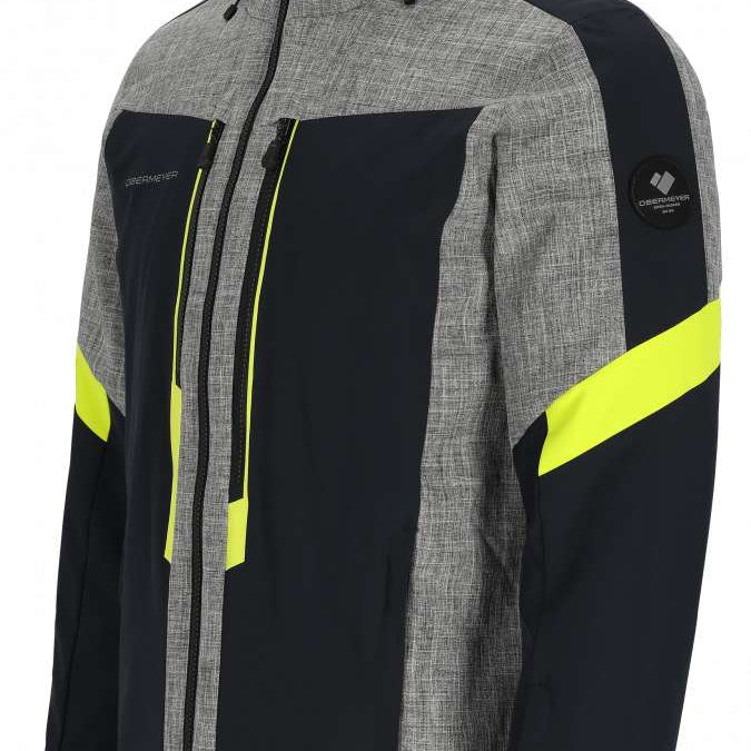 Obermeyer Fall Line Insulated Jacket 2024 - A grey and black insulated jacket with a hood, featuring neon yellow accents on the chest and sleeves.