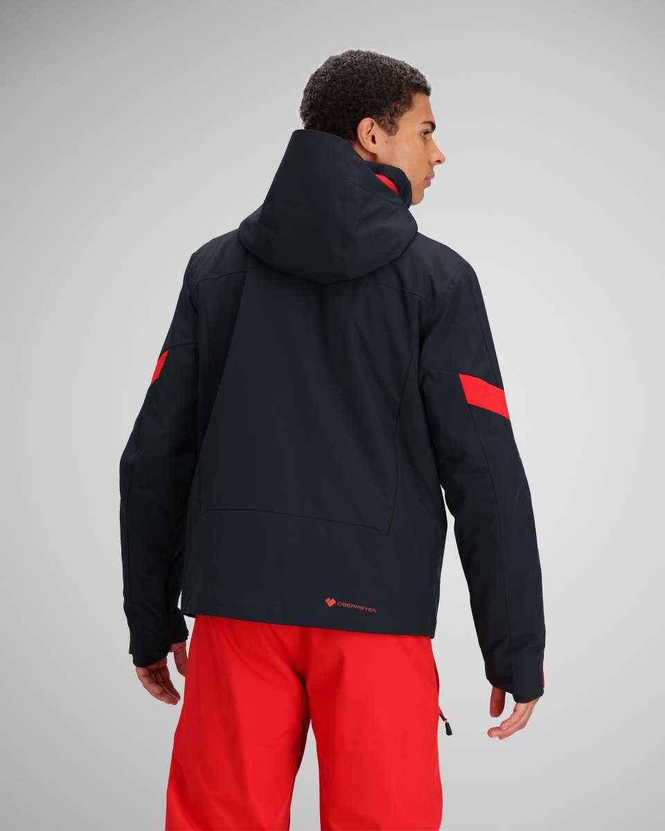 Obermeyer Fall Line Insulated Jacket 2024 - A black insulated jacket with red accents on the shoulders and chest, featuring a hood.
