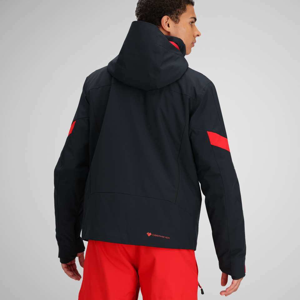 Obermeyer Fall Line Insulated Jacket 2024 - A black insulated jacket with red accents on the shoulders and chest, featuring a hood.