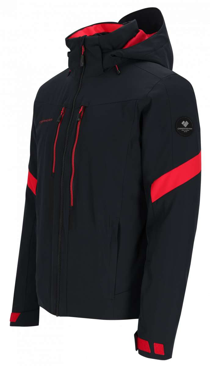 Obermeyer Fall Line Insulated Jacket 2024 - A black insulated jacket with red accents and a hood, featuring two zippered pockets on the front.