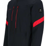 Obermeyer Fall Line Insulated Jacket 2024 - A black insulated jacket with red accents and a hood, featuring two zippered pockets on the front.