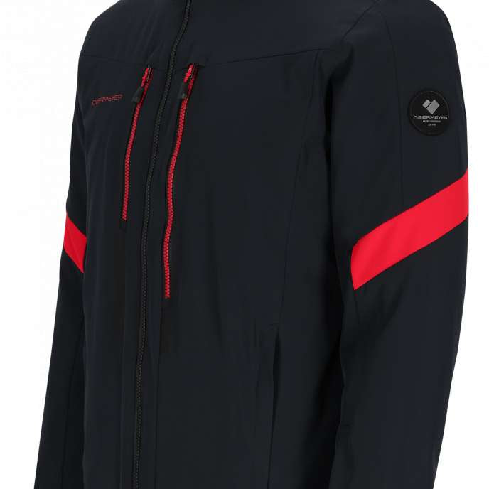Obermeyer Fall Line Insulated Jacket 2024 - A black insulated jacket with red accents and a hood, featuring two zippered pockets on the front.
