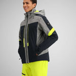 Obermeyer Fall Line Insulated Jacket 2024 - A grey and black jacket with a hood, featuring neon yellow accents on the zipper and pockets.