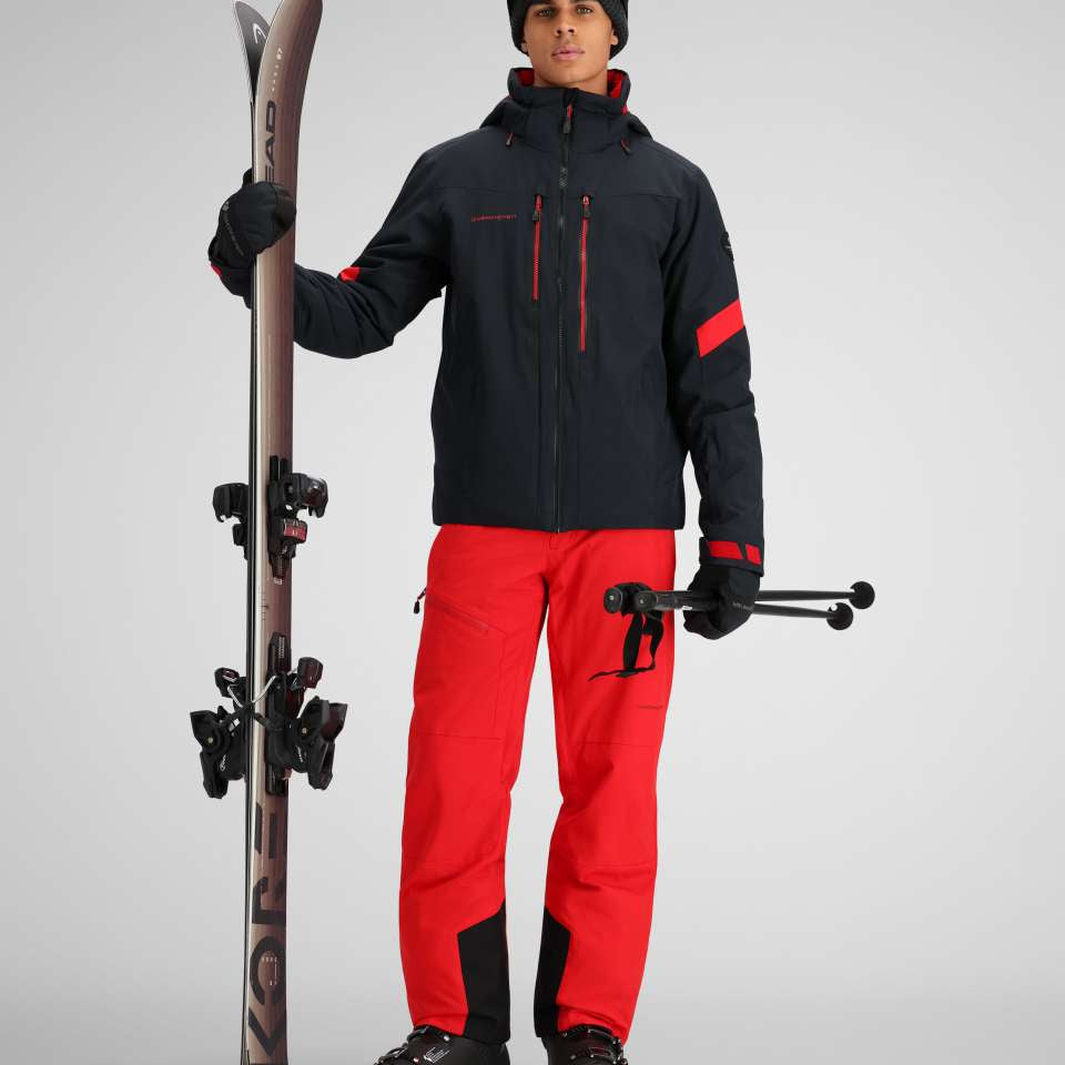 Obermeyer Fall Line Insulated Jacket 2024 - A black jacket with red accents and a zippered chest pocket.