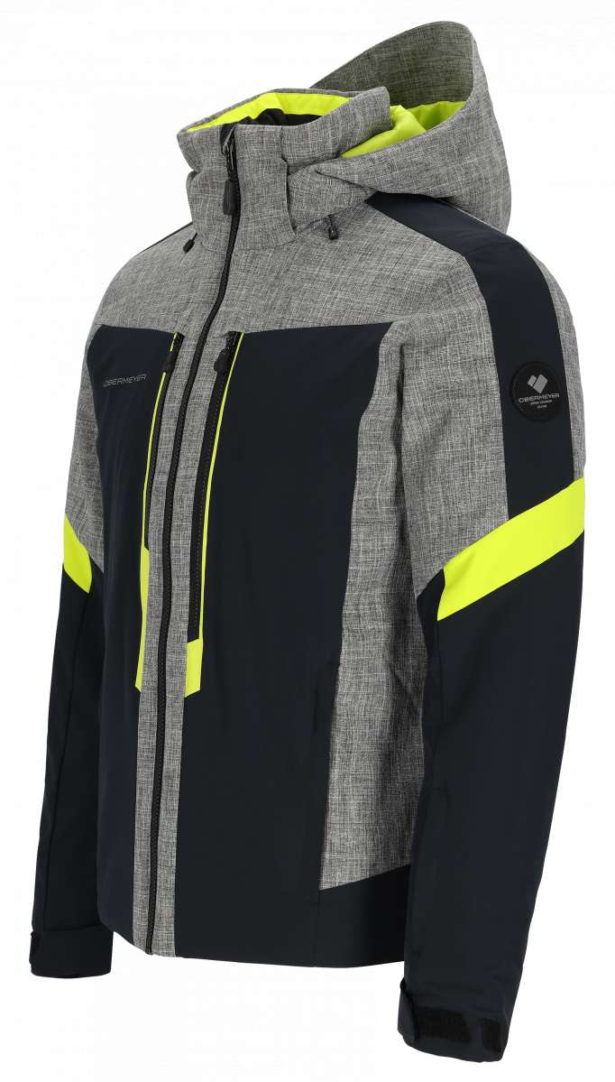 Obermeyer Fall Line Insulated Jacket Tall 2024 - A grey and black jacket with a subtle pattern, featuring neon yellow accents on the chest and sleeve.