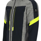 Obermeyer Fall Line Insulated Jacket Tall 2024 - A grey and black jacket with a subtle pattern, featuring neon yellow accents on the chest and sleeve.