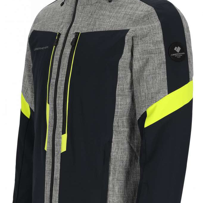 Obermeyer Fall Line Insulated Jacket Tall 2024 - A grey and black jacket with a subtle pattern, featuring neon yellow accents on the chest and sleeve.